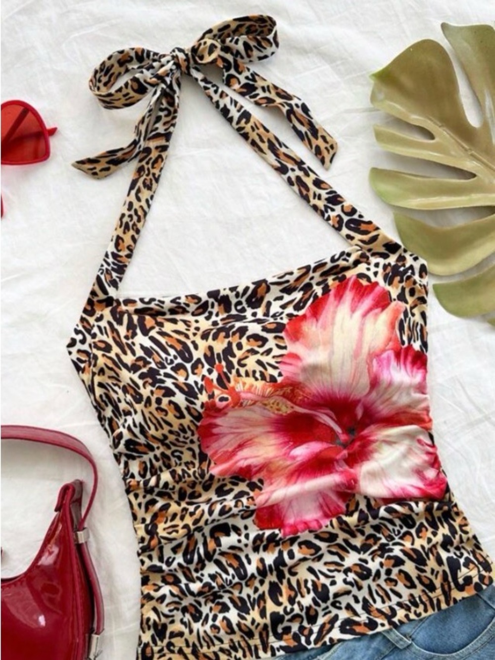 SHEIN Leopard Print Halter One-Piece with Red Pink Floral Detail